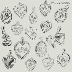 a bunch of heart shaped lockes are shown in black and white, as well as the