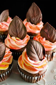 chocolate leaves on top of cupcakes with pink frosting and orange icing