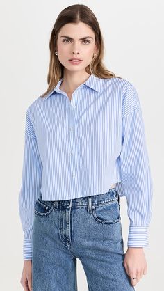 Cotton Cropped Shirt With Button Cuffs For Spring, Long Sleeve Cotton Cropped Shirt, Spring Striped Collar Button-up Shirt, Spring Button-up Shirt With Striped Collar, Cotton Cropped Button-up Shirt For Daywear, Cotton Button-up Cropped Shirt For Daywear, Striped Cotton Blouse For Daywear, Trendy Cotton Blouse With Striped Collar, Collared Striped Shirt For Daywear