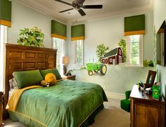 a bedroom with green and yellow decor in the corner, along with a tractor on the wall