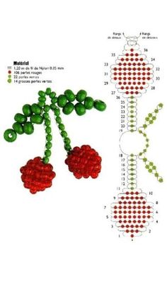 the beaded pattern shows two cherries hanging from a tree with green leaves and red berries