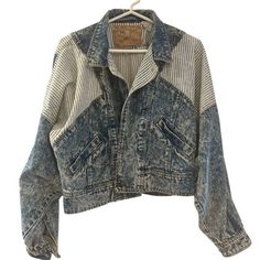 Vintage East West Denim Jacket. Size Medium. 80s To Early 90s. Medium Acid Wash With Cream And Blue Striped Panels. Absolutely Perfect Distressed Fabric. Bay Wing Sleeves And Cropped Boxy Shape.So Soft And Comfy. In Perfect Distressed Vintage Condition. Retro Washed Cotton Denim Jacket, Vintage Faded Pre-washed Outerwear, Vintage Pre-washed Indigo Outerwear, Vintage Cotton Denim Jacket, Pre-washed, Vintage Pre-washed Medium Wash Denim Jacket, East West, Acid Wash, Jean Coat, Jean Jacket