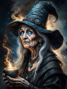 an old woman in a witches hat holding a cup with fire coming out of it