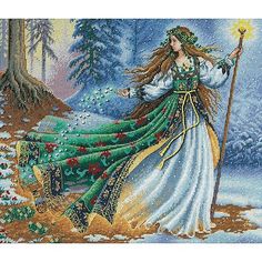 a cross stitch pattern of a woman with a staff in the snow holding a star