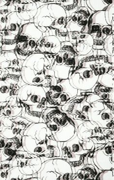 black and white drawing of many skulls