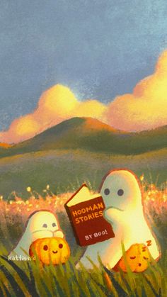 two ghost reading a book in the grass with pumpkin faces on it's face