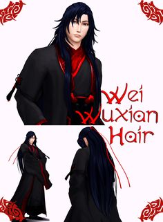 an anime character with long black hair and red accents, in the background is text that reads