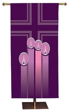 a purple towel with candles on it hanging from a metal rod, against a white background