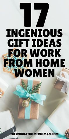 presents wrapped in brown paper and blue ribbon with the words 17 ingenious gift ideas for work from home women