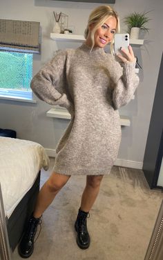 Feature:  - soft knit long jumper dress  - mock neck  - oversized design  - plain beige color   - length: 81 cm  - one size fit uk size 8,10,12,14,16  - cool with a belt and high boots. Lounge, Work from home, Winter, Date night in, Staycation, Christmas Day, knitted/wool, fine knit, bloat-friendly, Brunch, Style - Minimalist, Basic, Oversized, Long Sleeve, High Neck, A-Line Knitted Jumper Dress Outfit, How To Style A Jumper Dress, Long Jumper Dress Outfit, Long Jumper Outfit, Oversized Jumper Outfit, Wool Dress Winter, Long Jumper Dress, Jumper Dress Outfit, Jumper Outfits