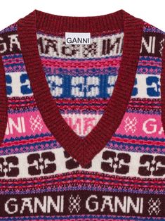 Fair Isle-intarsia sweater vest from GANNI featuring wine red, multicolour, wool blend, fair isle intarsia knit, V-neck, sleeveless, ribbed trim and straight hem.This piece fits true to size. We recommend you get your regular sizeModel is 1,75m / 5ft 8in wearing size S Ganni Sweater, Shopping Online Logo, Intarsia Sweater, Versace Outfit, Wool Vest, Sweaters Knitwear, Leather Gloves, Wine Red, Fair Isle