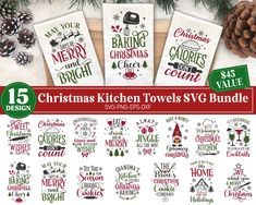 christmas kitchen towels svg bundle with pine cones and firs on the table,