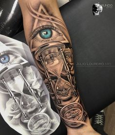 a person with a tattoo on their arm has an eye and hourglass in it