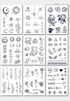 six different tattoo designs on white paper, each with an image of flowers and hearts