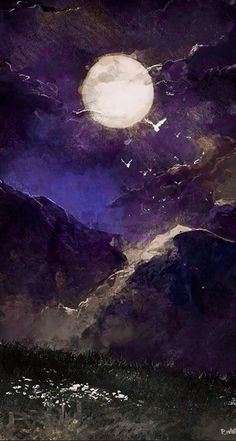 a painting of a full moon in the night sky