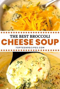 broccoli cheese soup in a white bowl with a spoon