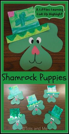 shamrock puppies made out of paper on top of a table with the words shamrock puppies