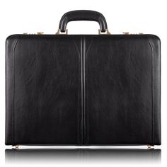 a black leather briefcase on a white background with clippings to the front and side