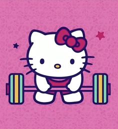 hello kitty is lifting a barbell on pink background