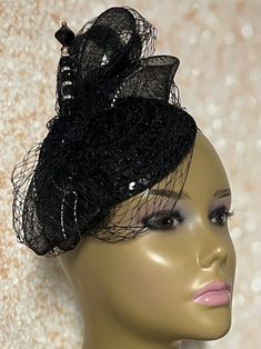 Black Sequin Lace Small Button Fascinator Half Hat for Church Head Covering, Weddings, Tea Parties and Other Special Occasions The hat is trimmed with rhinestones and hat pin. The hat pin may vary.  The hat affixes to the head via a hatstring.  The hat measures approximately 5.4 inches in diameter. Handmade Gifts for mom, sister, wife, or yourself. Gatsby Style Black Fascinator For Parties, Black Gatsby Style Fascinator For Party, Black Gatsby Fascinator For Parties, Black Gatsby Style Party Fascinator, Elegant Adjustable Hair Accessories For Formal Events, Black Hat-style Headpieces For Wedding, Black Hat Headpiece For Wedding, Black Hat Style Headpieces For Wedding, Fitted Black Hat For Wedding