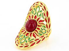 Artisan Collection Of Morocco™ Multi-Color Enamel 18k Gold Over Sterling silver ring. Measures Approximately 1.56"L x 0.94"W. Not sizeable. Hand Painted Gold Enamel Rings, Hand Painted Enamel Gold Rings, Gold Enamel Hand Painted Rings, Elegant Hand Painted Enamel Ring, Red Enamel Elegant Rings, Elegant Red Enamel Ring, Gold Hand Painted Jewelry For Formal Occasions, Elegant Cabochon Enamel Ring As Gift, Elegant Hand Painted Ring Jewelry