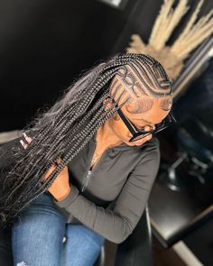 Trible Braids With Box Braids, Medium Feed In Braids, Side Shaved Hair, Side Shaved, Black Ponytail Hairstyles, Feed In Braids Hairstyles