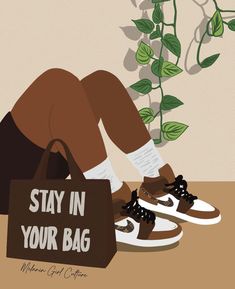 a man sitting on the ground with his feet up next to a bag that says stay in your bag