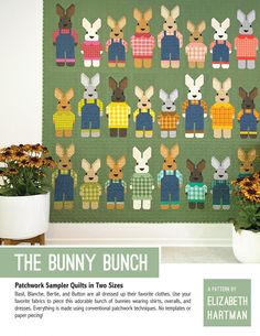 the bunny bunch quilt pattern by elizabeth hartman, featuring rabbits in sweaters and plaid shirts