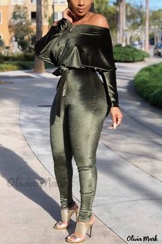 Color: Green, Size: 2XL Green Velvet Jumpsuit, Jumpsuit With Belt, Beautiful Jumpsuits, Look Casual Chic, Jumpsuit Casual, Off Shoulder Jumpsuit, Belt Jumpsuit, Velvet Jumpsuit, Green Jumpsuit