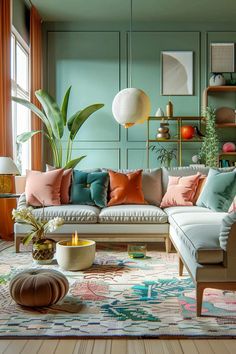 a living room filled with furniture and lots of plants on top of the couches