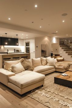 a living room filled with lots of furniture and a stair case in the back ground