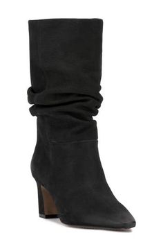 A slouchy shaft amplifies the modern appeal of a versatile boot balanced by a slender toe and block heel. 2 1/2" heel 9 1/2" shaft; 14" calf circumference Pull-on style Leather upper/synthetic lining/rubber sole Imported Wide Calf Mid-calf Boots With Sculpted Heel For Fall, Leather Mid-calf Boots With High Shaft For Fall, Leather High Shaft Mid-calf Boots For Fall, Fall Wide Calf Mid-calf Boots With Sculpted Heel, Mid-calf Boots With Reinforced Heel For Work, Fitted Mid-calf Boots With Stacked Heel, Wide Calf Boots With Stacked Heel For Evening, Evening Boots With Stacked Heel And Wide Calf, Black High Shaft Mid-calf Boots For Fall