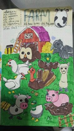 an open children's book with farm animals on it