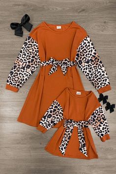 Mom & Me - Rust Leopard Tie Waist Dress - Sparkle in Pink Mom And Daughter Fall Outfits, Mom Daughter Matching Dresses Fall, Cheetah Print Overall Dress, Cheetah Christmas Dress, Maternity Leopard Dress, Sparkle In Pink, Long Sleeve Design, Mommy And Me Dresses, Old Outfits