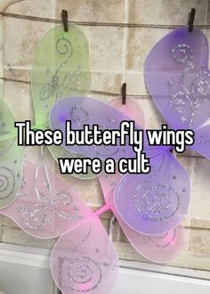 some butterflies hanging on a wall with the words, these butterfly wings were a cult