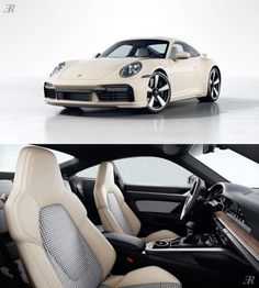 the interior and exterior of a white sports car