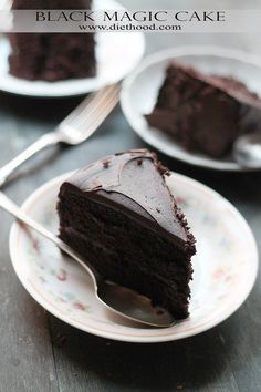 a piece of chocolate cake on a plate with a fork