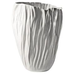 a white vase is shown on a white background with long, wavy lines in it