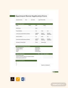 the apartment rental application form is shown in green and white, with an orange arrow pointing to