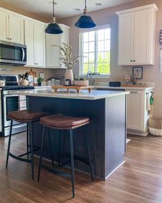 two stools are in front of the kitchen island