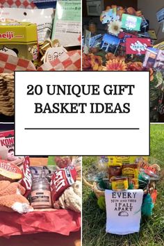 several baskets filled with different items and the words, 20 unique gift basket ideas on them