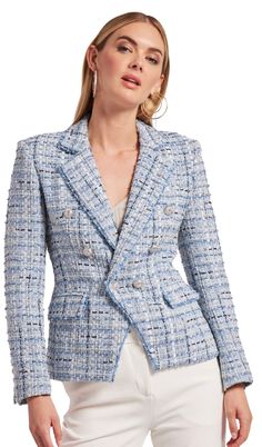 This is a classic yet fun silhouette in a lavender custom tweed blend, that's sure to be a versatile wardrobe staple! This double breasted jacket is fully lined and finished with frayed detailing and light gold buttons to create a one of a kind style. Another bonus - this tweed jacket is crafted out of recycled fabrics! Shell: 70% Cotton, 21% Polyester, 4% Acrylic, 5% Other Fibers Lining: 95% Polyester, 5% Spandex True to size Dry clean only Military Blazer, Transitional Dressing, Longline Jacket, Textured Jacket, Blue Tweed, Double Breasted Jacket, Tweed Blazer, Double Breasted Blazer, Everyday Wardrobe