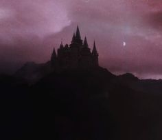 a castle on top of a hill under a purple sky with lightning in the background