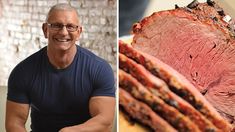 a man sitting in front of a roasting meat on top of a cutting board