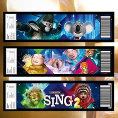 two movie tickets with cartoon characters on them, one for sing - along and the other for broadway