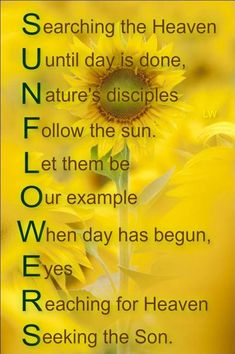 a poem written in green and yellow with sunflowers on the bottom right hand corner