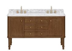 a double sink vanity with marble top and two brass faucets on the sides