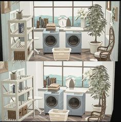 there are two pictures of laundry machines in the same room, and one has a potted plant