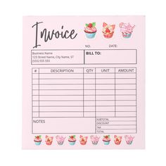 a pink invoice with cupcakes on it