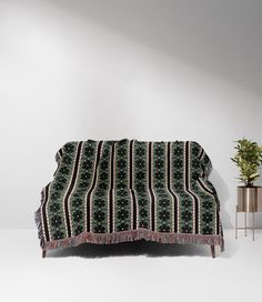 a couch sitting next to a potted plant on top of a table